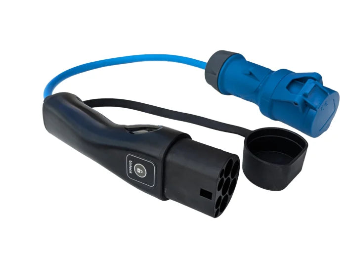 Electric vehicle charging cable with connectors on a white background.