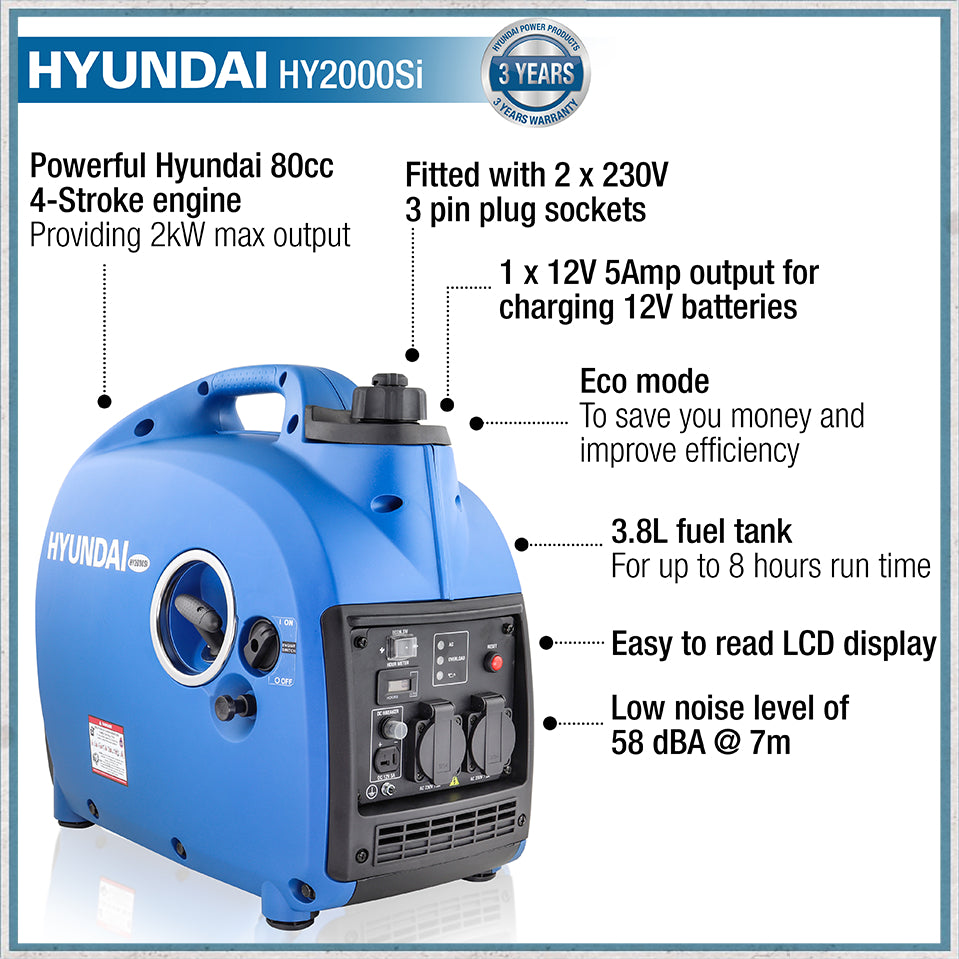 Hyundai 2000W Portable Petrol Inverter Generator | HY2000Si-Camper Interiors