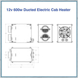 12v 600w Ducted Electric Cab Heater Technical drawing