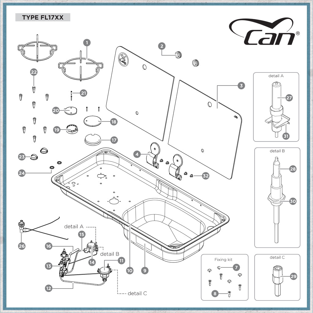 Spare parts for CAN FL1700 and GR1765 hob/sink units